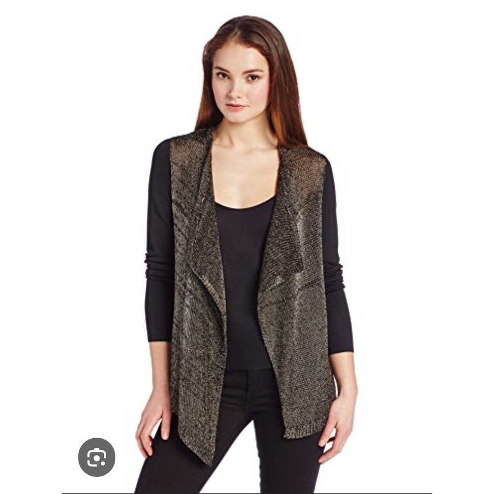 Elie Tahari Women's Zareen Yarn Chic Black Gold Drape Front Cardigan Small